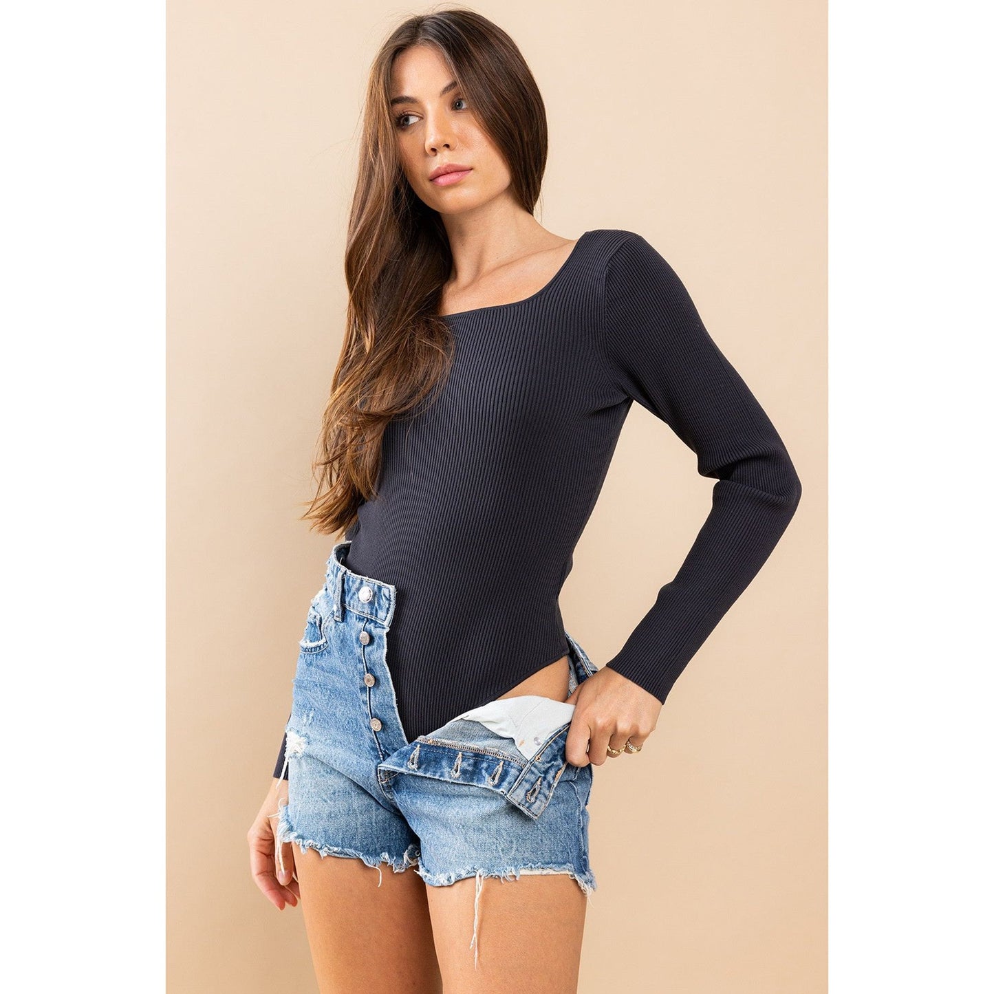 Black Square Neck Rib Basic Bodysuit - Desert Dreams Boutique