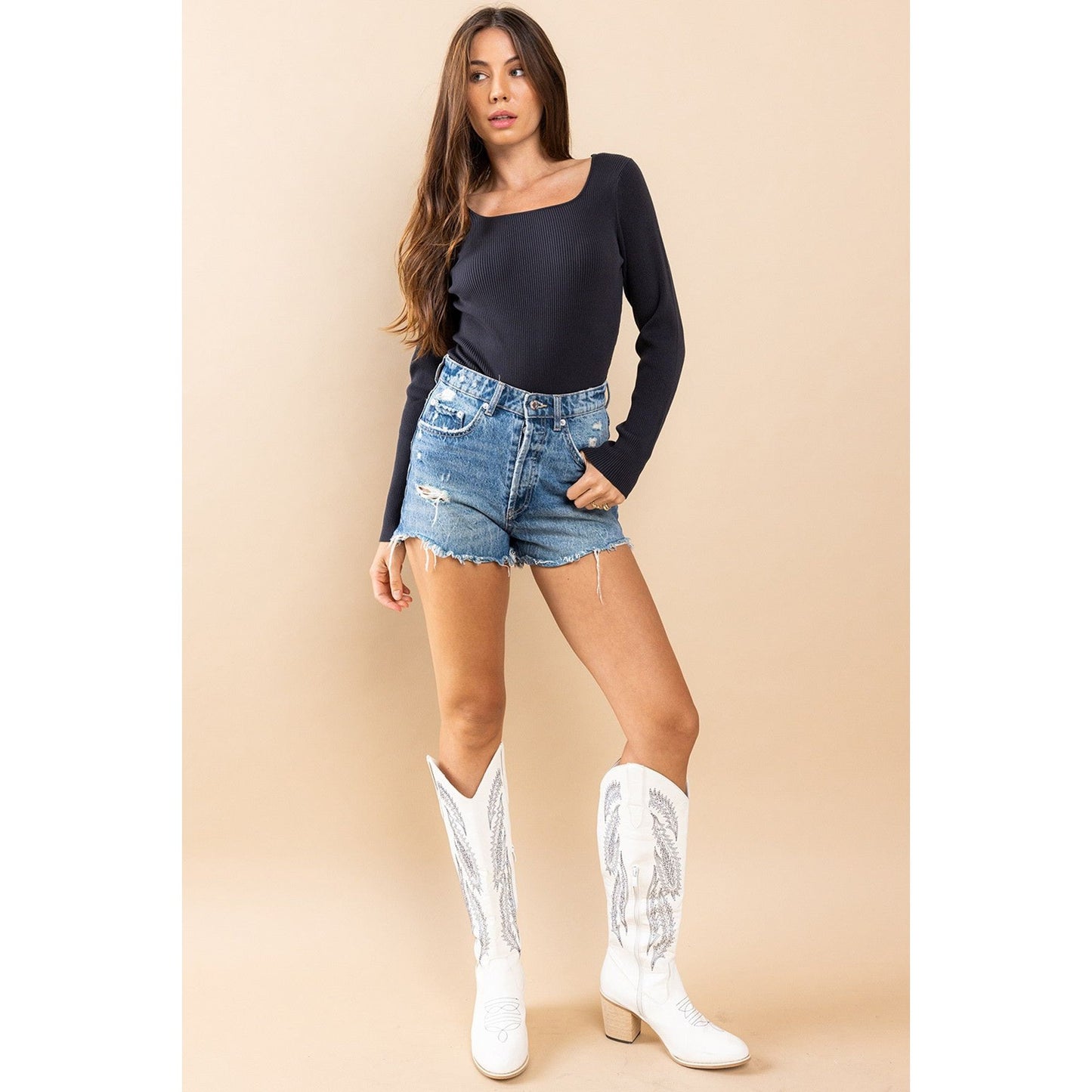 Black Square Neck Rib Basic Bodysuit - Desert Dreams Boutique