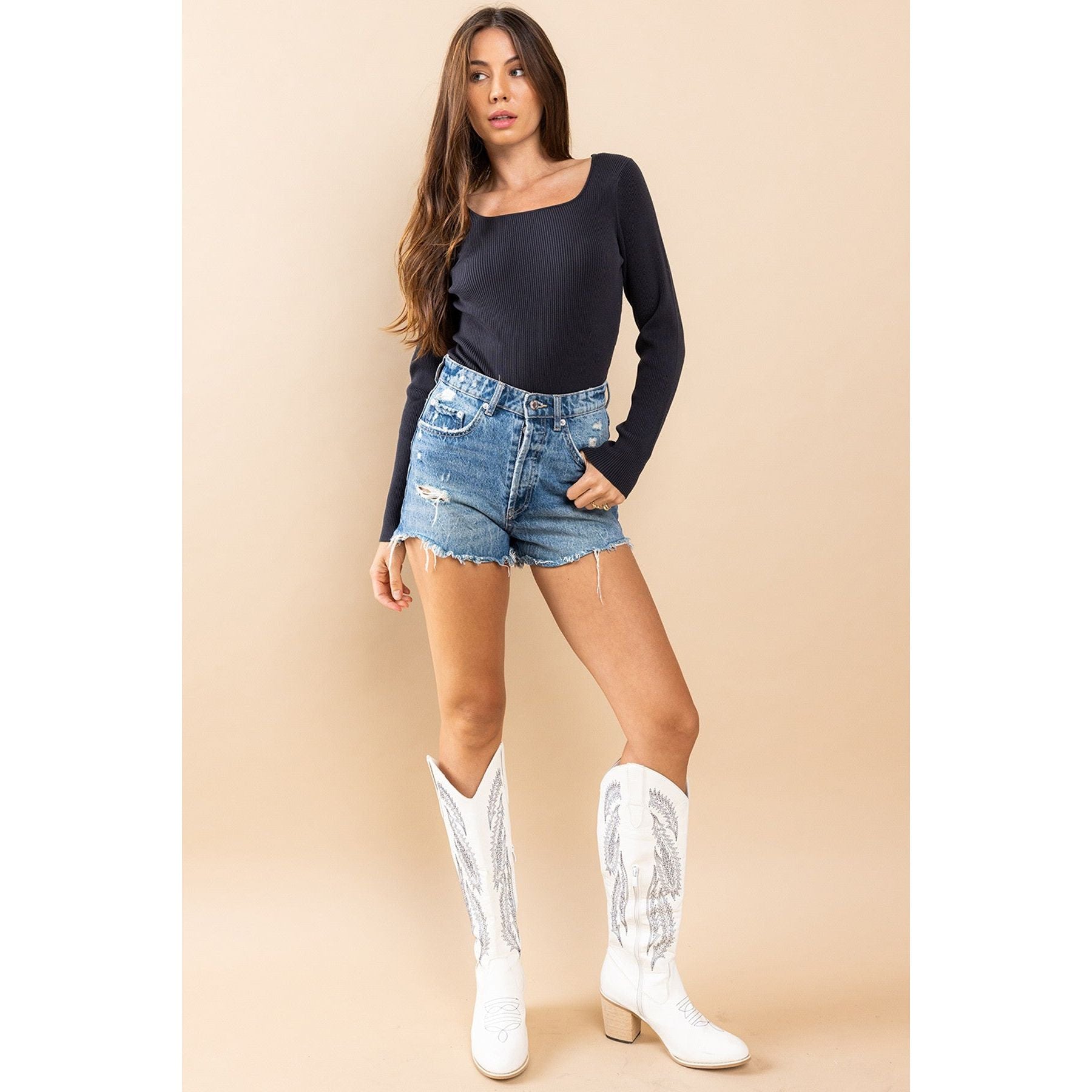 Black Square Neck Rib Basic Bodysuit - Desert Dreams Boutique