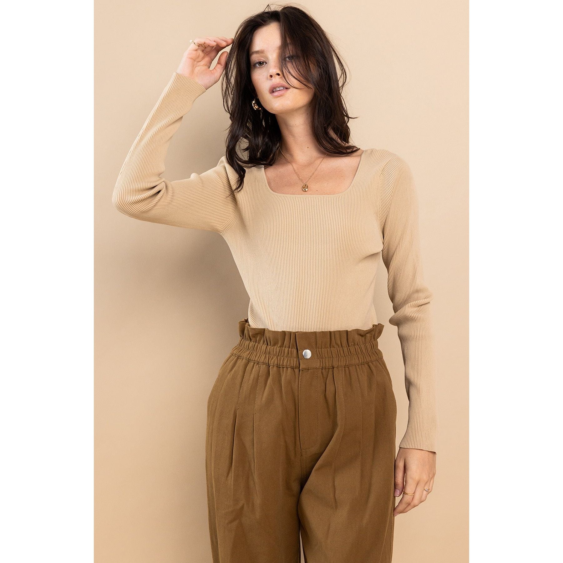 Taupe Square Neck Rib Basic Bodysuit - Desert Dreams Boutique