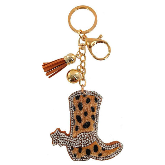 Leopard Rhinestone Cowboy Boot Keychain - Desert Dreams Boutique