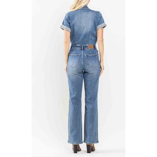 JUDY BLUE High Waist Denim Short Sleeve Jumpsuit (Plus Size) - Desert Dreams Boutique