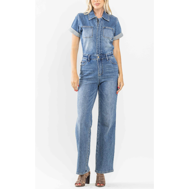 JUDY BLUE High Waist Denim Short Sleeve Jumpsuit (Plus Size) - Desert Dreams Boutique
