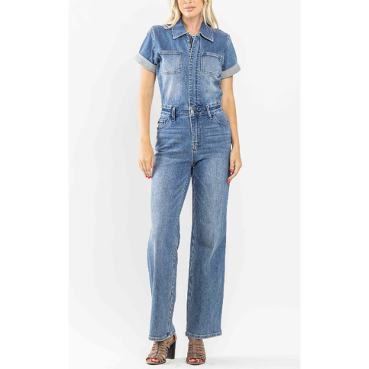 JUDY BLUE High Waist Denim Short Sleeve Jumpsuit (Plus Size) - Desert Dreams Boutique