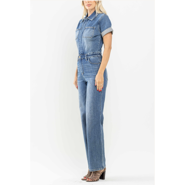 JUDY BLUE High Waist Denim Short Sleeve Jumpsuit (Plus Size) - Desert Dreams Boutique