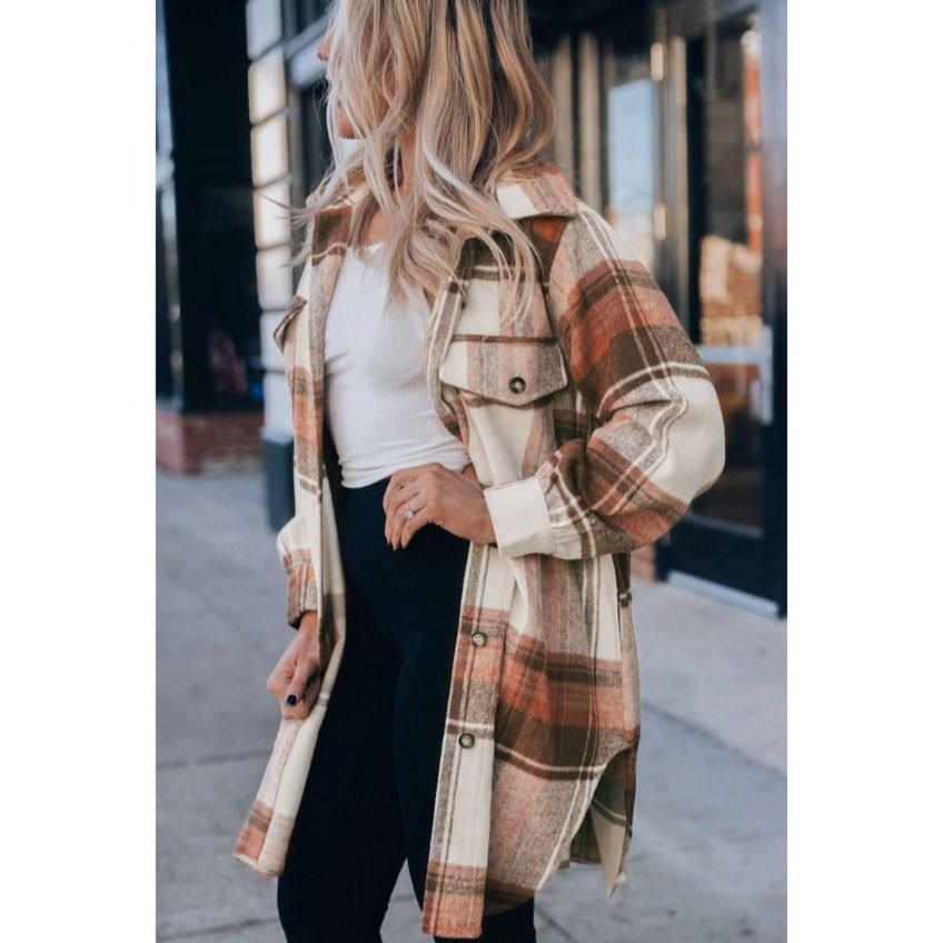 Plaid Print Flap Pockets Long Shacket - Desert Dreams Boutique