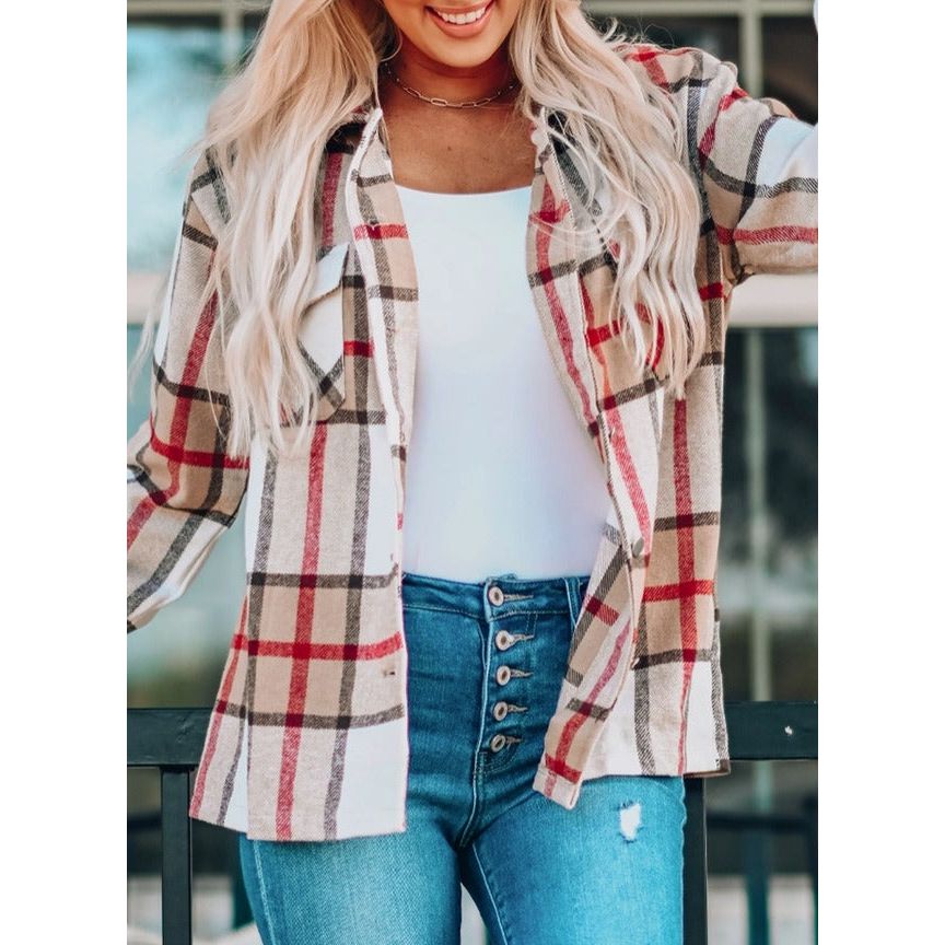 Plaid Print Buttoned Shirt Shacket with Pocket - Desert Dreams Boutique