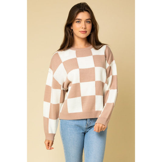 Latte Check Print Sweater (Regular & Plus Sizes) - Desert Dreams Boutique