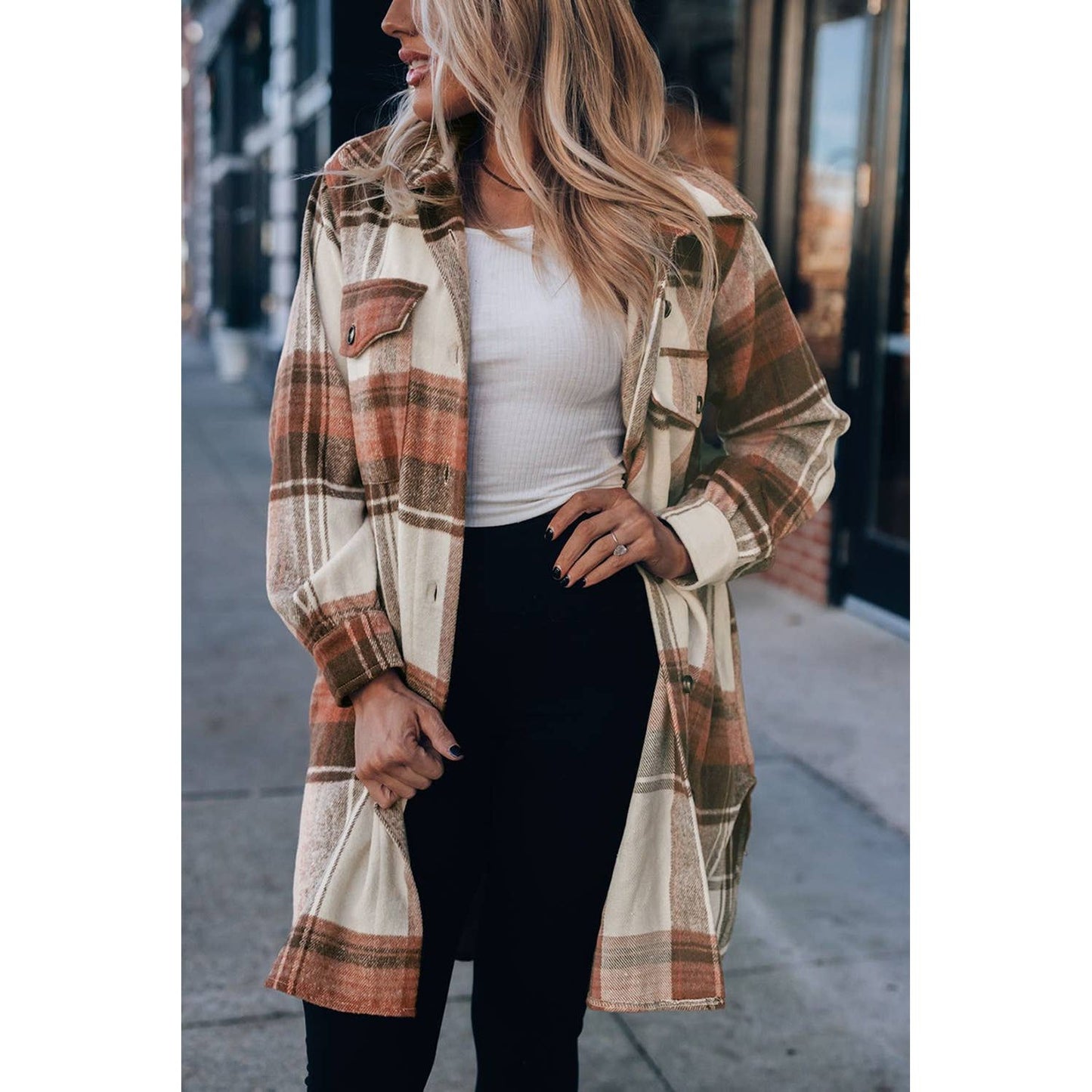 Plaid Print Flap Pockets Long Shacket - Desert Dreams Boutique