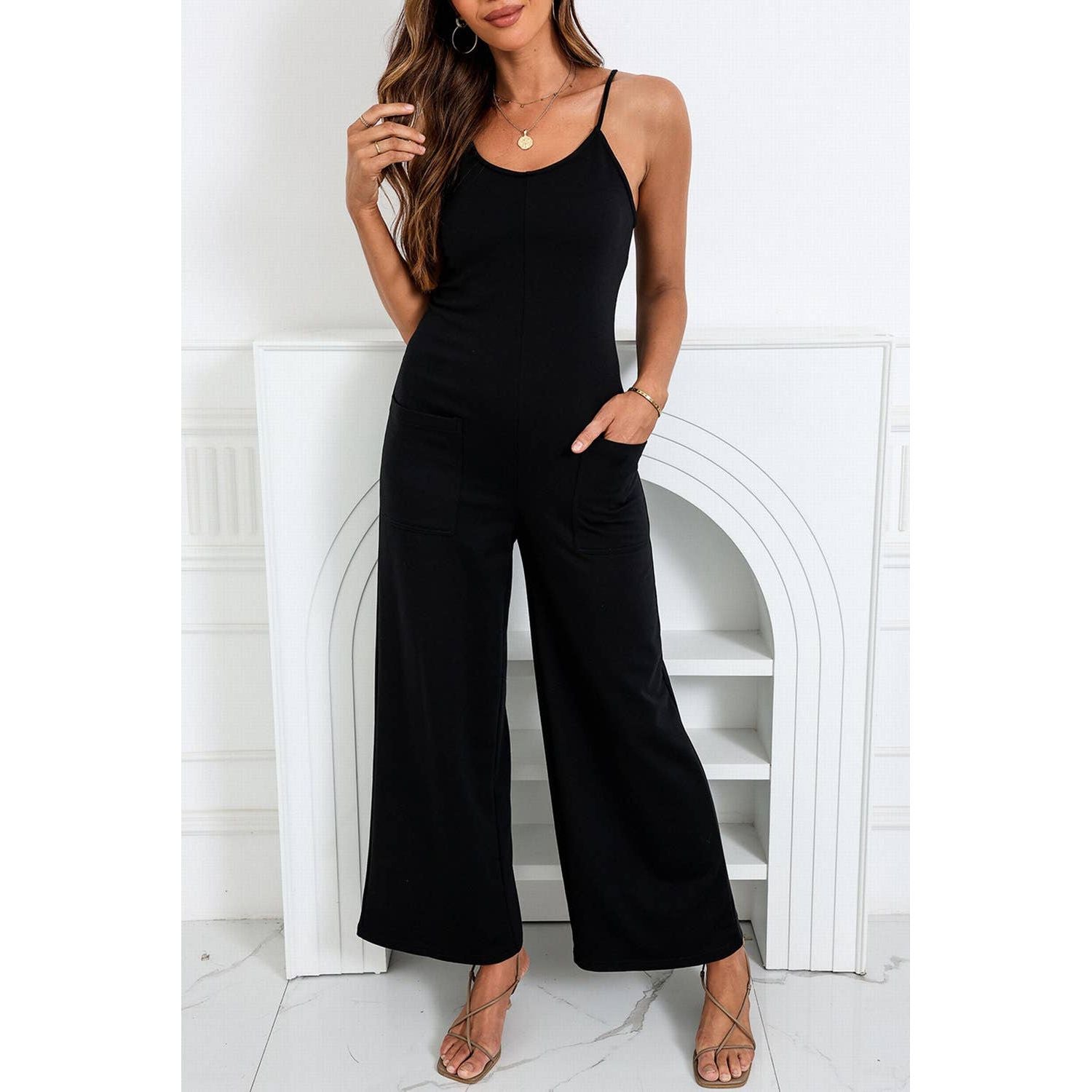 Loose Fit Side Pockets Spaghetti Strap Wide Leg Jumpsuit - Desert Dreams Boutique